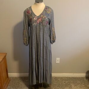 Johnny Was Gray Maxi Dress with Floral Embroidery Retail $295.00